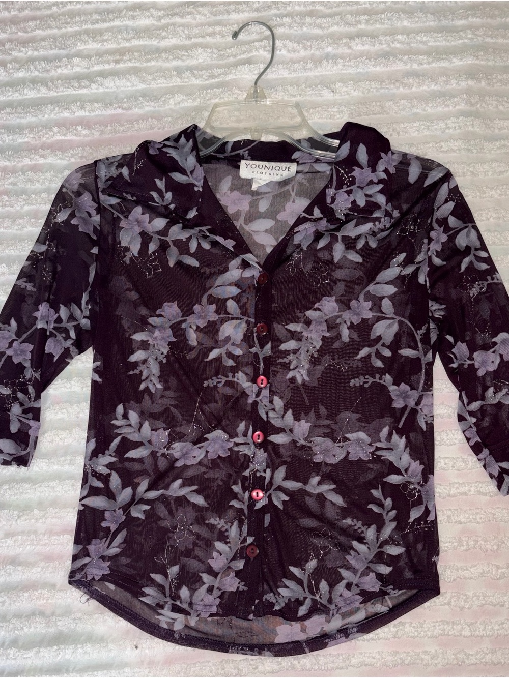 Vintage Younique Clothing Sheer Button-Up Top with Lavender Floral Print